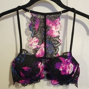 VS PINK Black Lace Floral Print Date Racerback Bra